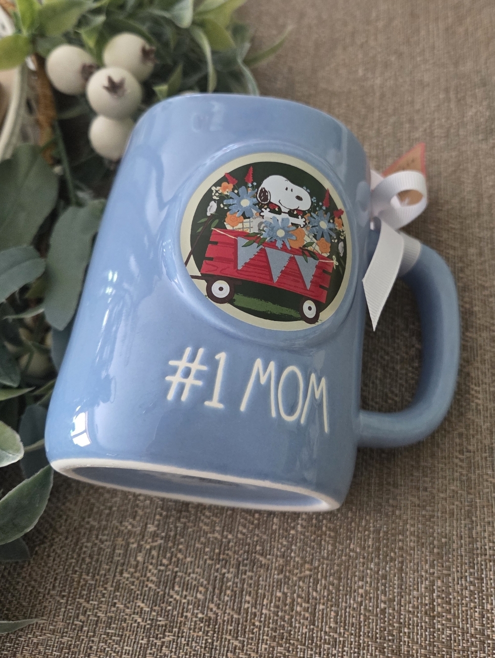 Rae Dunn Light Blue "#1 MOM" Ceramic Mug with Snoopy Wagon Decal